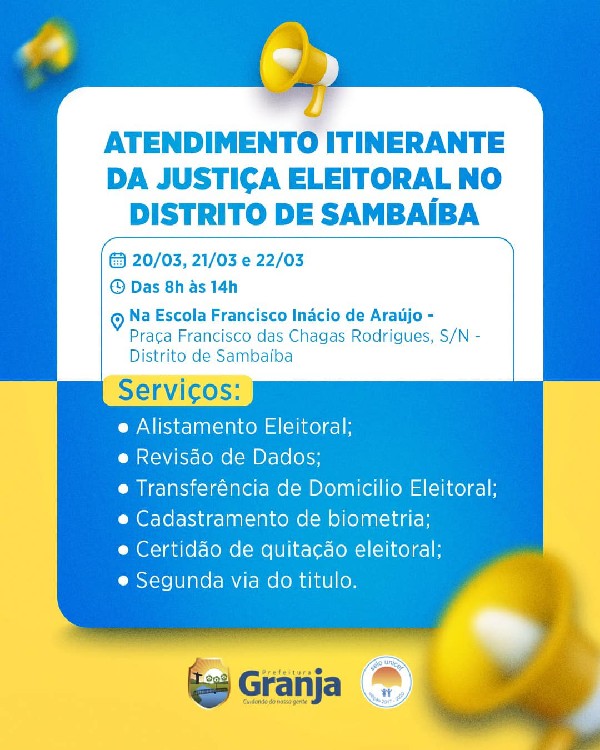 ATENÇÃO, TEREMOS ATENDIMENTO ITINERANTE DA JUSTIÇA ELEITORAL NO DISTRITO DE SAMBAÍBA!